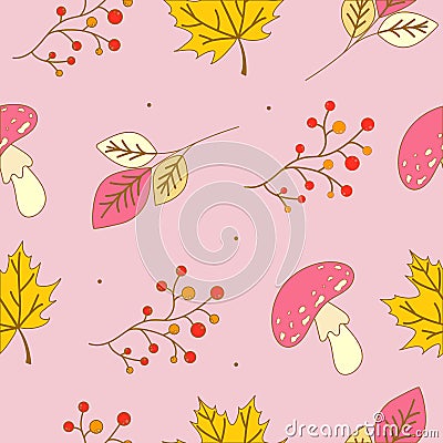 Autumn Pattern on a pink background. Amanita, mountain ash and leaves with outline. Cartoon Illustration