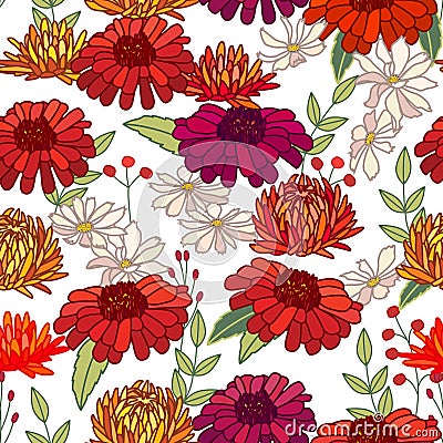 Seamless autumn pattern with asters and gerberas on white. Endless texture Vector Illustration