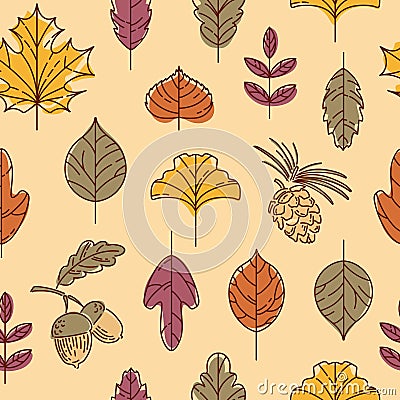 Seamless autumn pattern. Colorful leaves. Maple, ginkgo biloba, linden, lilac, mountain ash. Acorn and cedar cone. In Vector Illustration