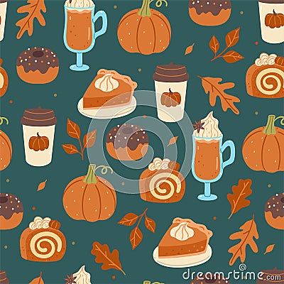 Seamless autumn pattern with pumpkin drinks and desserts. Vector graphics Vector Illustration