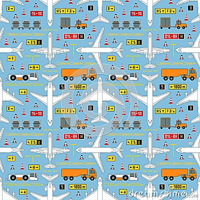 Seamless aviation pattern with airplanes and airport vehicles Vector Illustration