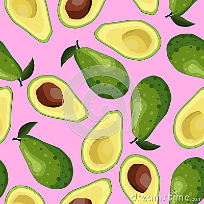 Seamless avocado background. Halves and whole fruits on a pink background. Vector Illustration
