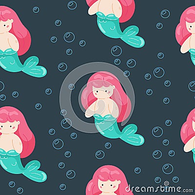 Seamless baby girl swimming little mermaid illustration kids under water sea theme background pattern in vector Cartoon Illustration