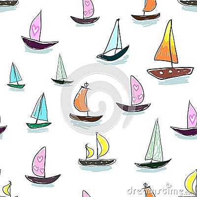 Seamless baby kids pattern Hand drawing colorful yachts vector. Many small colored sail boats on white background. Vector Illustration