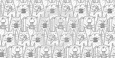 Seamless baby pattern with cats, fox, squirrel and bear birthday paty for animals Hand drawn Vector Illustration