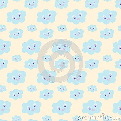 Seamless baby pattern with cute blue smiling clouds on pastel yellow background, illustration, eps 10. Kawaii smiling cloud Cartoon Illustration