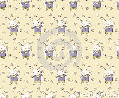 Seamless baby pattern with cute little rabbit in vector. artoon little happy bunny boy. Vintage hand drawn. Kawaii funny animal. Stock Photo