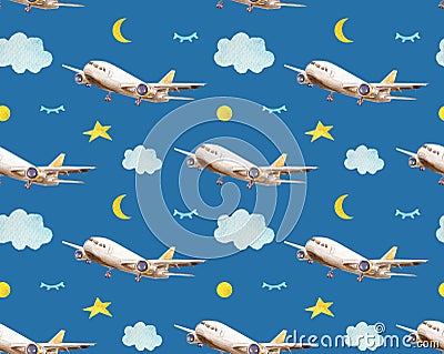 Seamless baby pattern with flying planes,clouds, moons, stars in night sky in watercolor style Stock Photo