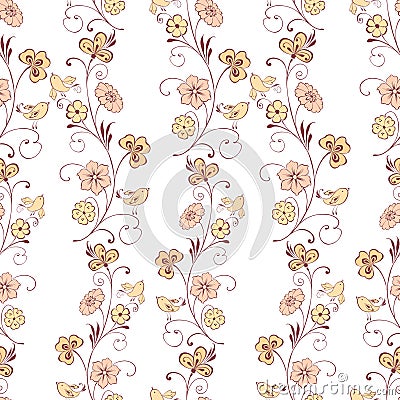 Seamless background of drawn floral twigs and birds Vector Illustration