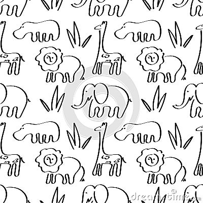 Seamless background with African animals, elephants, lions. Hand drawn lettering Africa. Black and white, graphics Stock Photo