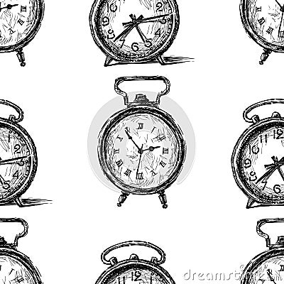 Pattern of the sketches of old alarm clocks Vector Illustration