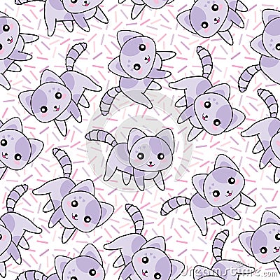 Seamless background of animal illustration with cute purple cats on sprinkles background Vector Illustration