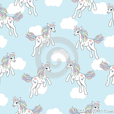 Seamless background of animal illustration with cute unicorn on white cloud background Vector Illustration