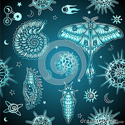 Seamless background: animation elements of wildlife - a butterfly, a shell, larvae, molecules, space symbols. Vector Illustration