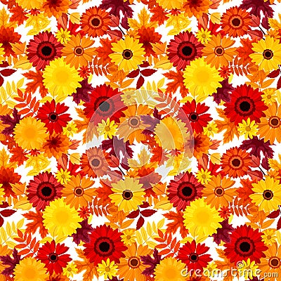 Seamless background with autumn flowers and leaves Vector Illustration