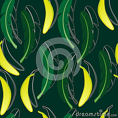 Seamless background with banana and banana palm leaves. Vector Illustration