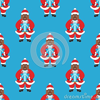 Seamless background, banner New Year or Christmas. Africa american Santa Claus with glasses and beard, holding a gift Vector Illustration