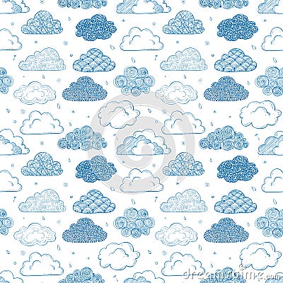 Seamless background with blue doodle clouds. Can be used for wallpaper, pattern fills, textile, web page background Vector Illustration