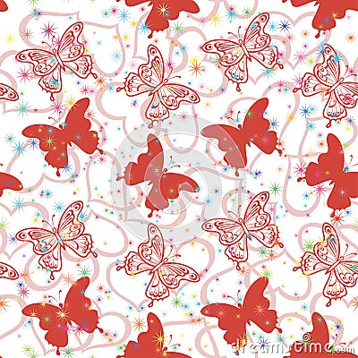 Seamless background, butterflies and hearts Vector Illustration