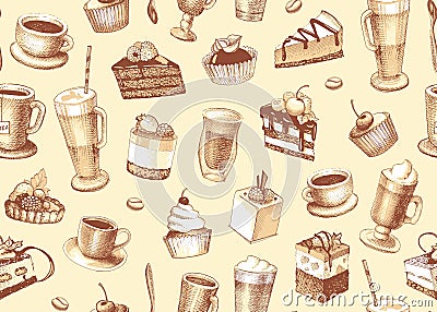 Seamless background with cakes, cupcakes and coffee Vector Illustration