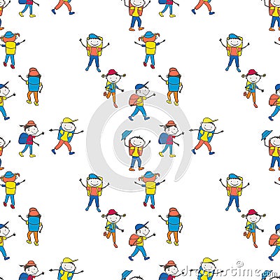 Seamless background of cartoon cheerful teen tourists in hike Vector Illustration