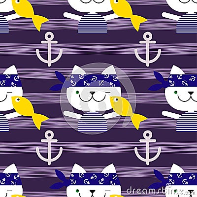 Seamless background with cats sailors. Cat with fish. Stock Photo