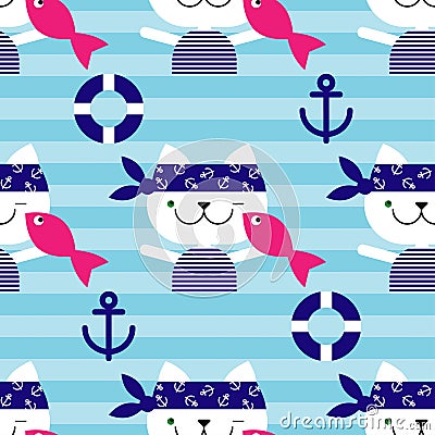 Seamless background with cats sailors. Cat with fish. Stock Photo