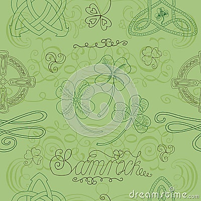 Seamless background with celtic patterns and shamrock Cartoon Illustration