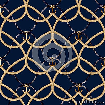 Seamless pattern pattern with gold chains, anchors, rope, grid. Vector Illustration