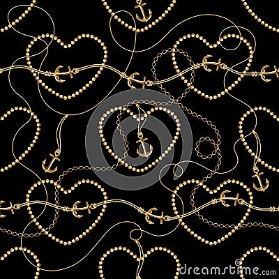 Seamless background with chains, anchors, rope, grid. Abstract pattern in nautical style. Marine motifs ornament Cartoon Illustration