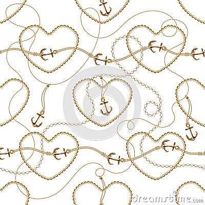 Seamless background with chains, anchors, rope, grid. Abstract pattern in nautical style. Marine motifs ornament Cartoon Illustration