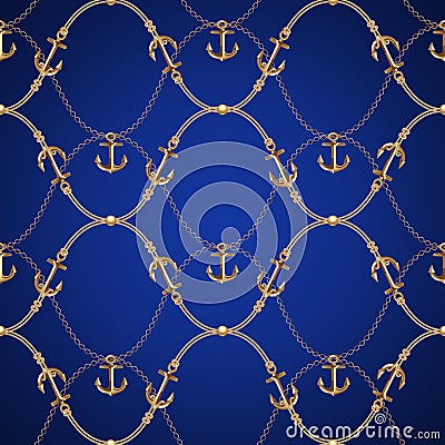 Seamless background with chains, anchors, rope, grid. Abstract pattern in nautical style. Marine motifs ornament Cartoon Illustration