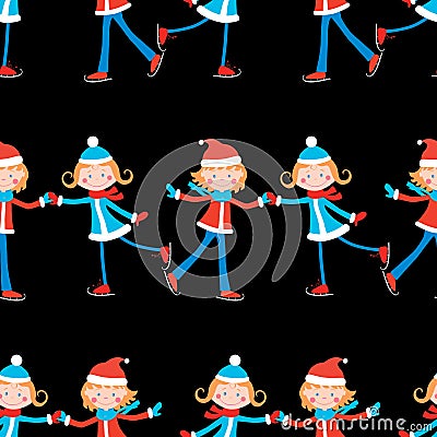 Seamless background of cheerful kids skating Vector Illustration