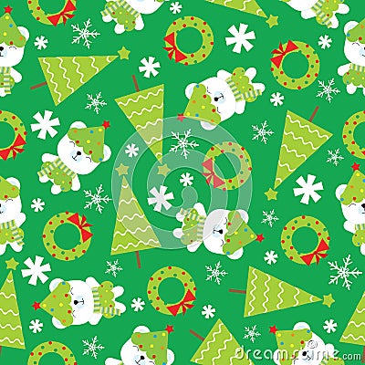 Seamless background of Christmas illustration with cute baby bears, Xmas tree and snowflakes on green background Cartoon Illustration