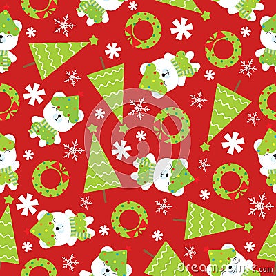 Seamless background of Christmas illustration with cute baby bears, Xmas tree and snowflakes on red background Cartoon Illustration