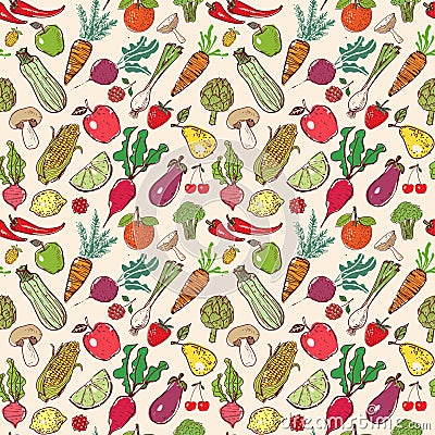 Seamless background with colored doodle sketch vegetables and fruits. Vector sketch illustration. Vector Illustration