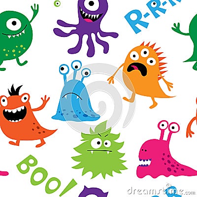 Seamless background with colorful cute monsters Vector Illustration