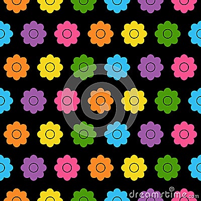 Seamless background with colorful flowers in flat design on black background. cartoon daisy Vector Illustration