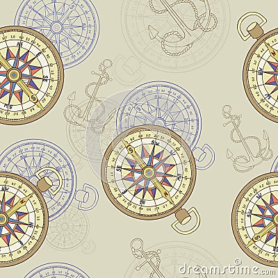 Seamless background with compass and anchor Vector Illustration