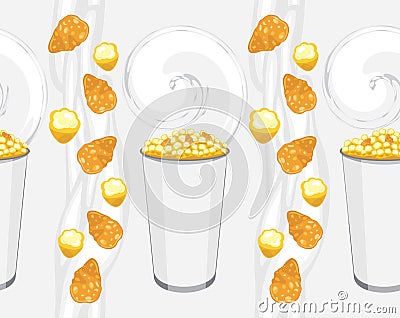 Seamless background with corn flakes and popcorn products Vector Illustration