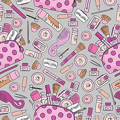 Seamless background cosmetics. Makeup cosmetics tools and beauty cosmetics. Vector Illustration