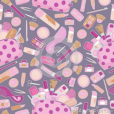 Seamless background cosmetics. Makeup cosmetics tools and beauty cosmetics. Vector Illustration