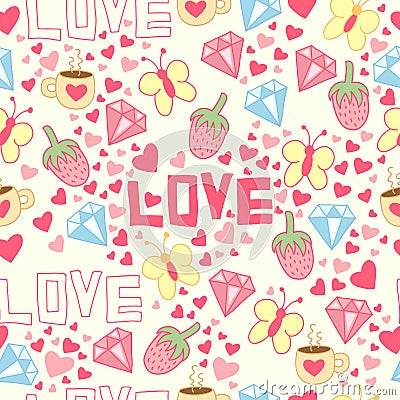 Seamless background with cup, diamond, hearts, strawberries, butterflies and love. Stock Photo