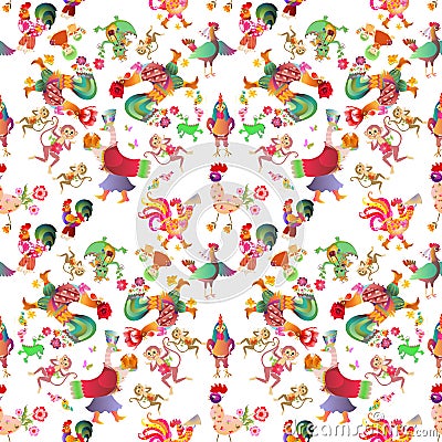 Seamless background with cute cartoon animals. Fairy roosters, duck, cat and kitten, chicken, monkey, alligator, birds and dragon Stock Photo