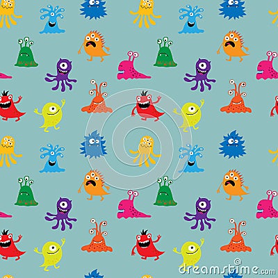 Seamless background with cute cheerful colorful monsters Vector Illustration