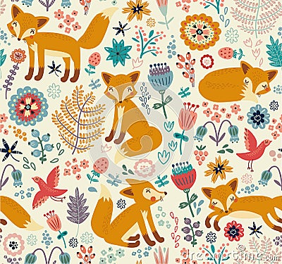 Seamless background with cute foxes and flowers Vector Illustration