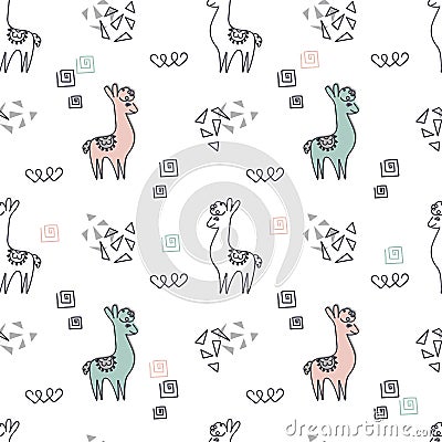 Seamless background. Cute pink and blue llamas or alpacas on a white background Cartoon Illustration