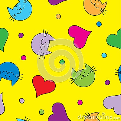 Seamless background with with decorative cats, hearts and polka dots Stock Photo