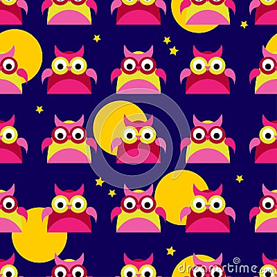 Seamless background with decorative owls. Moonlit night. Stock Photo