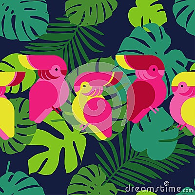 Seamless background with decorative parrots. Birds in the sky. Stock Photo